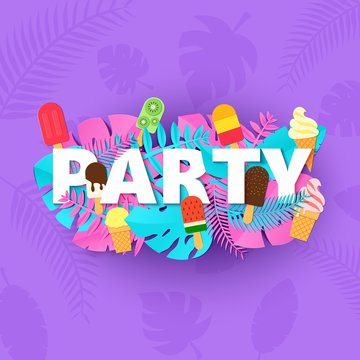 Word PARTY summer composition with creative pink blue jungle leaves ice creams on violet background in paper cut style. Tropical leaf letters for design poster, banner, flyer T-shirt printing. Vector