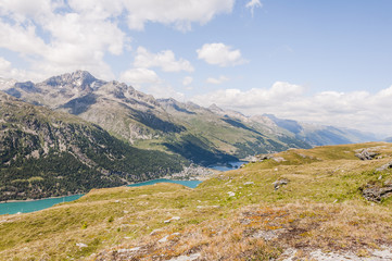 Fototapeta premium Silvaplana, Corvatsch, Wanderweg, Seenplatte, Silvaplanersee, Piz Julier, Piz Nair, Corviglia, Furtschellas, Oberengadin, Graubünden, Sommer, Schweiz