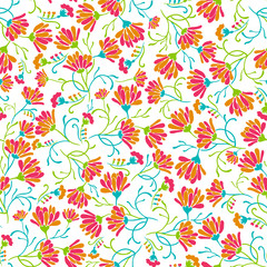 Fototapeta na wymiar Seamless background with floral patterns. Blue tulips, chamomile, green leaves. Summer ornament. It can be used for wallpaper, printing on the packaging paper, textiles.