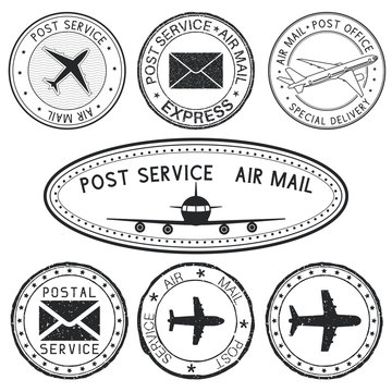 Postmarks with airplane and envelope symbols. Black ink postal stamps