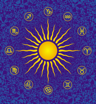 The symbol of the sun and the 12 signs of the zodiac. Vector picture.