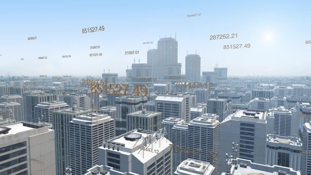 Aerial view of a futuristic city with skyscrapers and numbers. City flight animation.