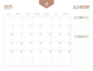 Vector of calendar 2019 ( November ) in simple clean table style with goals and to do list box; full size 21 x 16 cm; Week start on Sunday.