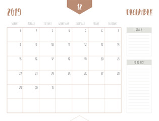 Vector of calendar 2019 ( December ) in simple clean table style with goals and to do list box; full size 21 x 16 cm; Week start on Sunday.