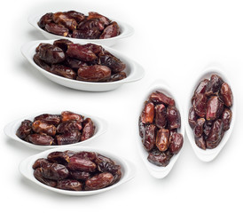 Bowl of dates isolated on white background, Set of Dates fruit shot in different angles, Clipping path included.