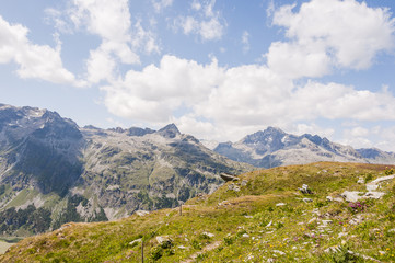Naklejka premium Sils, Silvaplana, Wanderweg, Furtschellas, Corvatsch, Wasserweg, Alpen, Oberengadin, Piz Julier, Seenplatte, Sommer, Graubünden, Schweiz