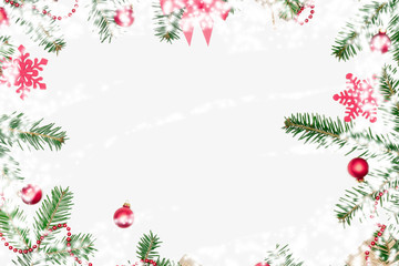 Obraz na płótnie Canvas Christmas composition. Christmas decor, fir branch, toys, cones, star. Xmas, winter, new year concept. Flat lay, top view, copy space 
