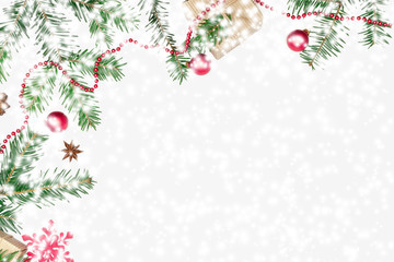 Christmas composition. Christmas decor, fir branch, toys, cones, star. Xmas, winter, new year concept. Flat lay, top view, copy space 