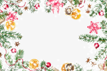 Naklejka na ściany i meble Christmas composition. Christmas decor, fir branch, toys, cones, star. Xmas, winter, new year concept. Flat lay, top view, copy space 