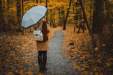 Girl with umbrella on the autumnal colorful forest path