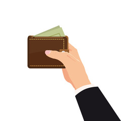 Concept with hand and wallet full of money. Online shopping. Pay per click. Money making. Isolated. Vector illustration. Cartoon style