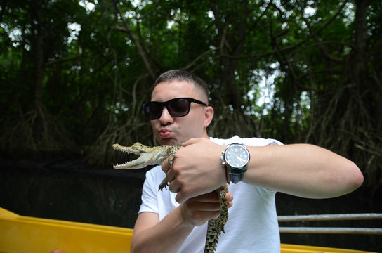 A man holds in hands a small crocodile. Jungle of Sri Lanka