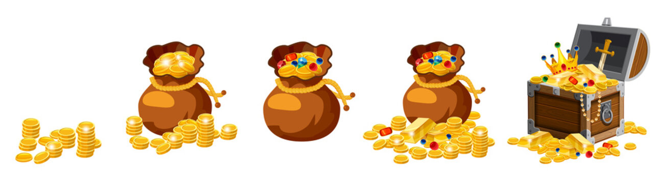 Set of old bags, purses, empty and full of gold, coins, brillants, treasures, chest, for gaming, applications, vector, isolated, cartoon style