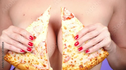 close-up, pizza and female breasts. 4k, slow motion. Pizza ...