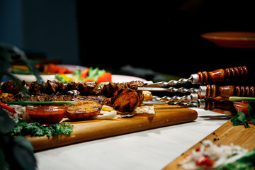 fried pork meat on skewers