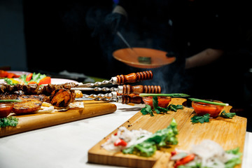 fried pork meat on skewers