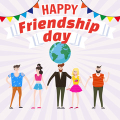 Celebrating Group of happy friends enjoying Friendship Day. Modern graphic. Cartoon style illustration for your design. Poster, baner, greeting card.