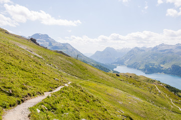 Fototapeta premium Sils, Sils Maria, Silsersee, Bergsee, Wanderweg, Furtschellas, Piz da la Margna, Wasserweg, Oberengadin, Alpen, Sommer, Graubünden, Schweiz