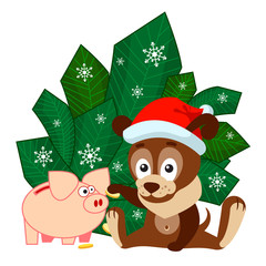 Obraz na płótnie Canvas New year or Christmas greeting card with dog sitting in front of the branches and toss coins into a piggy bank-pig
