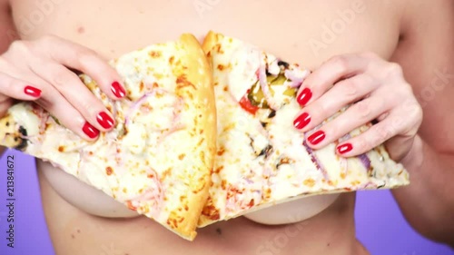 Fast Food Girl Porn - close-up, pizza and female breasts. 4k, slow motion. Pizza ...