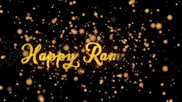 Happy Ramadan Abstract particles and fireworks greeting card text with shiny black background for festivals,events,holidays,party,celebration.