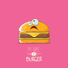 vector cartoon tiny burger character with cheese, meat and salad icon isolated on pink background. my name is burger vector concept illustration