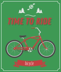 Time to ride poster with retro road bicycle on background and vintage lettering in flat style. Vector illustration