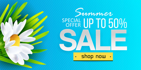 Summer sale web banner, background with daisy flowers chamomile. Seasonal discount. Vector illustration. Stylish typography
