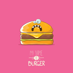 vector cartoon tiny burger character with cheese, meat and salad icon isolated on pink background. my name is burger vector concept illustration