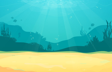 Underwater cartoon flat background with fish silhouette, sand, seaweed, coral. Ocean sea life, cute design