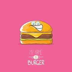 vector cartoon tiny burger character with cheese, meat and salad icon isolated on pink background. my name is burger vector concept illustration