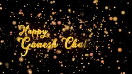 Happy Ganesh Chaturthi Abstract particles and fireworks greeting card text with shiny black background for festivals,events,holidays,party,celebration.