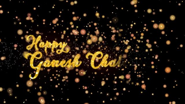 Happy Ganesh Chaturthi Abstract particles and fireworks greeting card text with shiny black background for festivals,events,holidays,party,celebration.