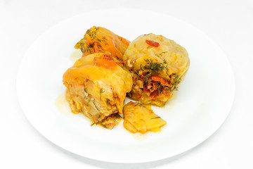 delicious red bell peppers stuffed with minced meat on white plate