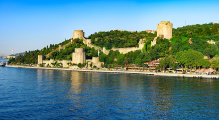 Fototapeta na wymiar Rumeli fortress – tourists attraction in Turkey, panoramic view from Bosporus in sunny summer day
