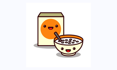 Cereal Box and Bowl with Smiley Face Vector Illustration 