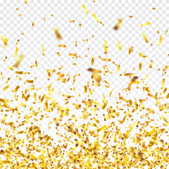 Golden confetti with ribbon. Falling shiny confetti glitters in gold color. New year, birthday, valentines day design element. Holiday christmas background.