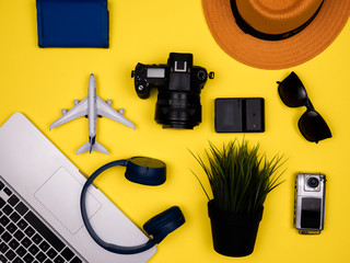 Travel concept advertising accessories on flat lay
