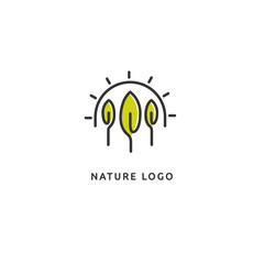Travel agency logo. Icon design sun and leaf. Summer yellow sun and nature, travel logo.