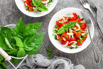 Vegetable salad with fresh tomato, basil and onion