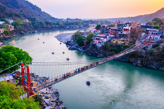 Rishikesh, yoga city India, Ganges River Ganga Ram Jhoola (Bridge) rafting raft