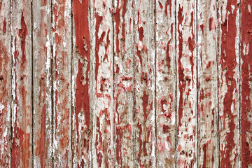 Old wooden wall painted with dark red color peeling revealed rustic texture