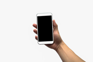  hand holding the black and white smartphone.