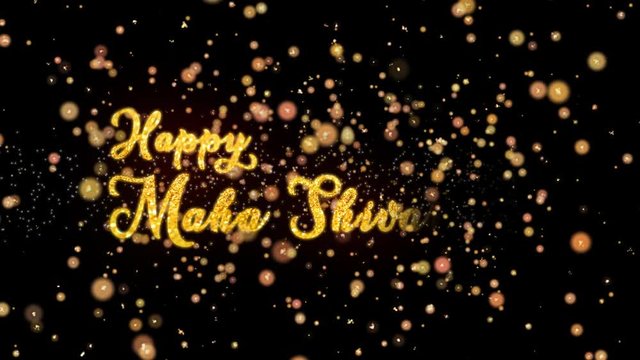 Happy Maha Shivararti Abstract particles and fireworks greeting card text with shiny black background for festivals,events,holidays,party,celebration.