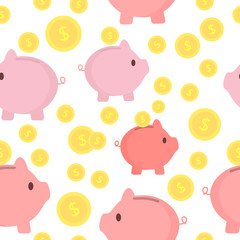 Piggy bank with coins seamless pattern. Interesting design. SavIng money or open a bank deposit concept. Vector illustration.