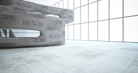 Empty dark abstract brown concrete room smooth interior. Architectural background. Night view of the illuminated. 3D illustration and rendering
