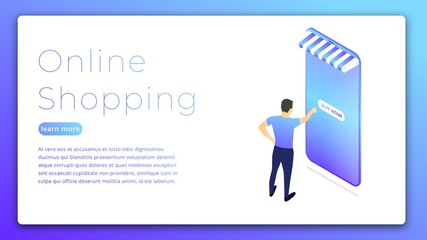 Online shopping. Isometric illustration of man buying online via smartphone. Shopping web concept