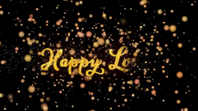 Happy Lohri Abstract particles and fireworks greeting card text with shiny black background for festivals,events,holidays,party,celebration.