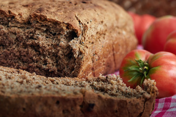 Homemade bread made with whole-wheat flour, whole rye flour, buckwheat and hemp flour, sunflower seeds, fennel seeds and walnuts