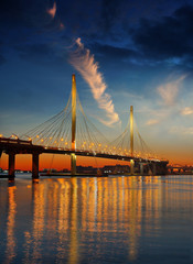 Panorama cable-stayed bridge in St. Petersburg at sunset